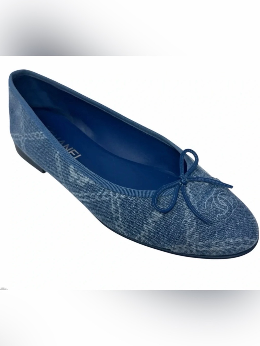 CHANEL Denim Blue Quilted Ballet Flat with Bow Trim